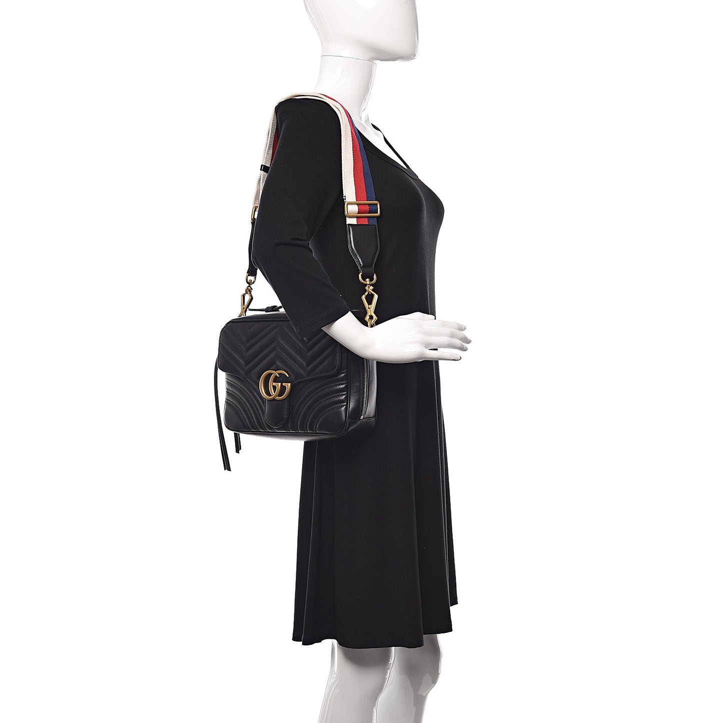Calfskin Matelasse Sylvie Web Small GG Marmont Top Handle Shoulder Bag Black