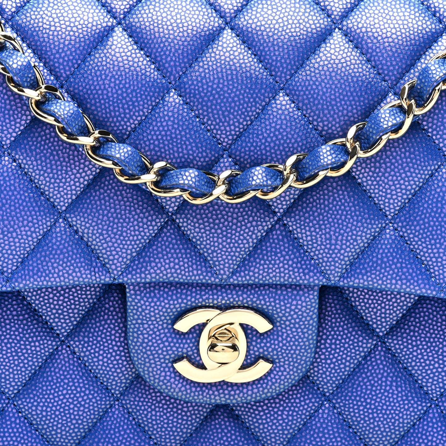 Iridescent Caviar Quilted Medium Double Flap Blue