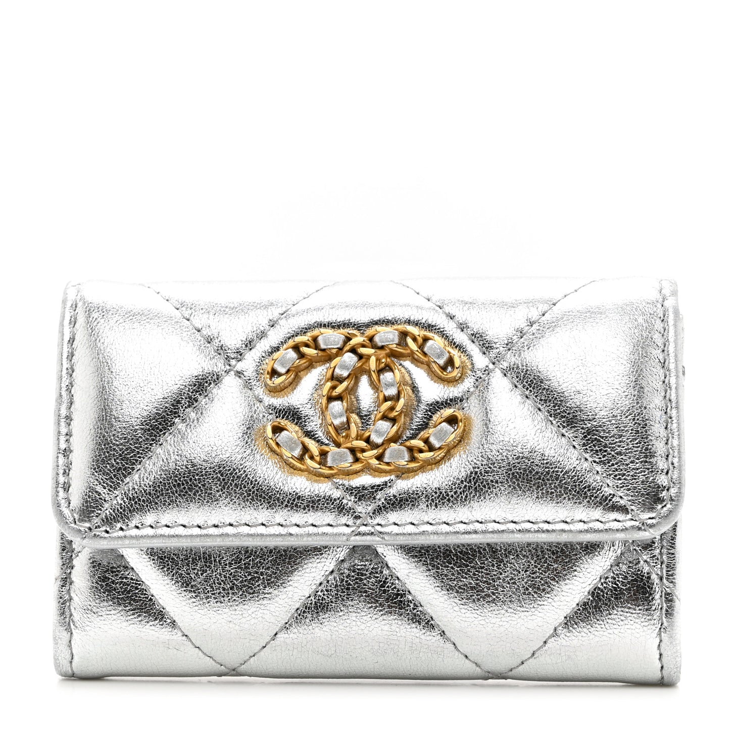 Metallic Goatskin Quilted Chanel 19 Flap Card Holder Silver