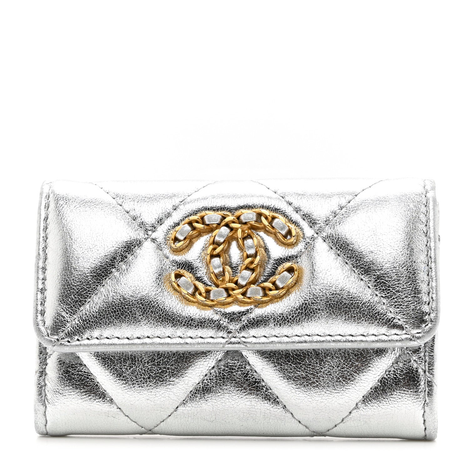 Chanel Metallic Goatskin Quilted Chanel 19 Flap Card Holder Silver 1 of 8
