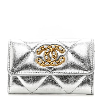 Chanel Metallic Goatskin Quilted Chanel 19 Flap Card Holder Silver 1 of 8