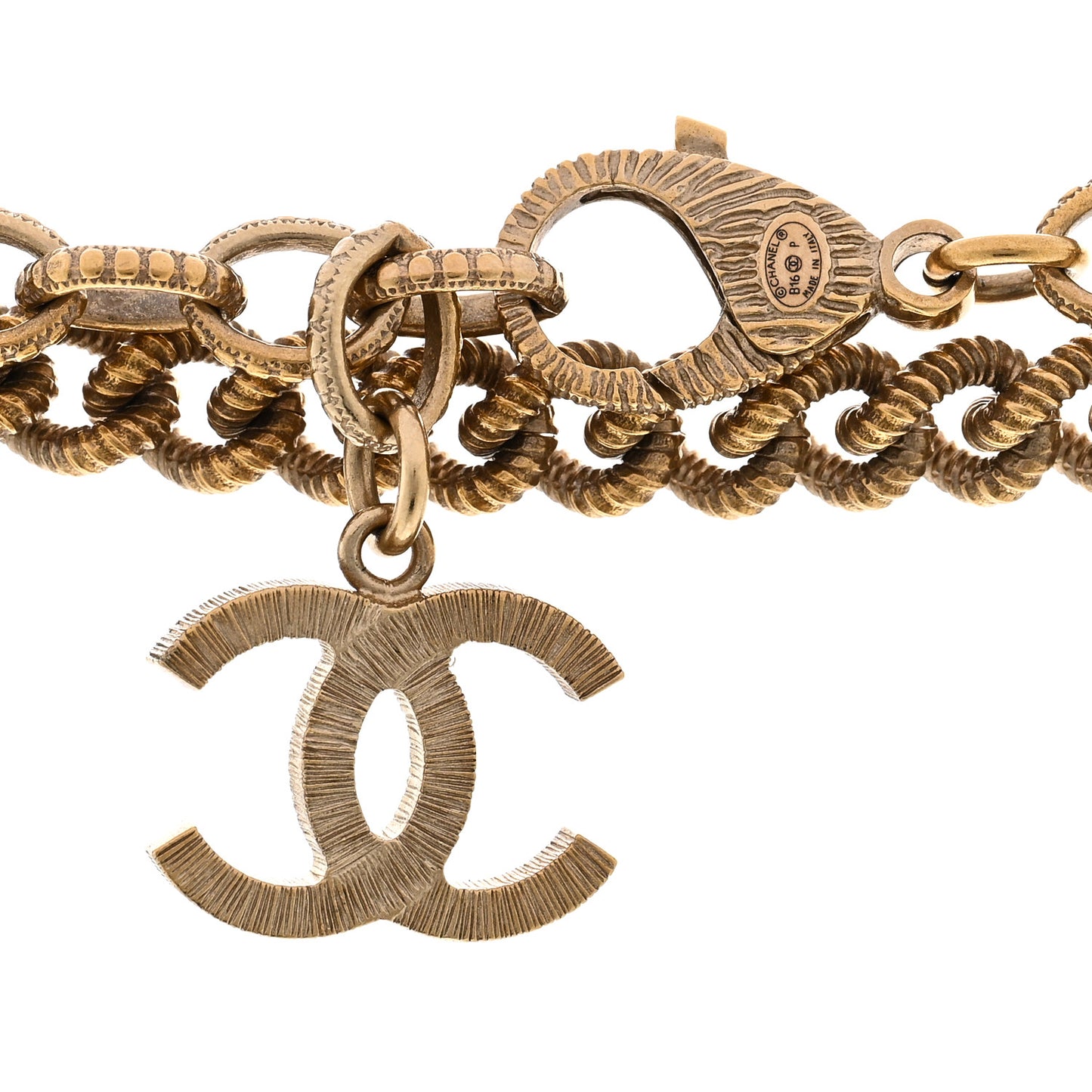 Metal Quilted CC Long Chain Necklace Gold Pearly White