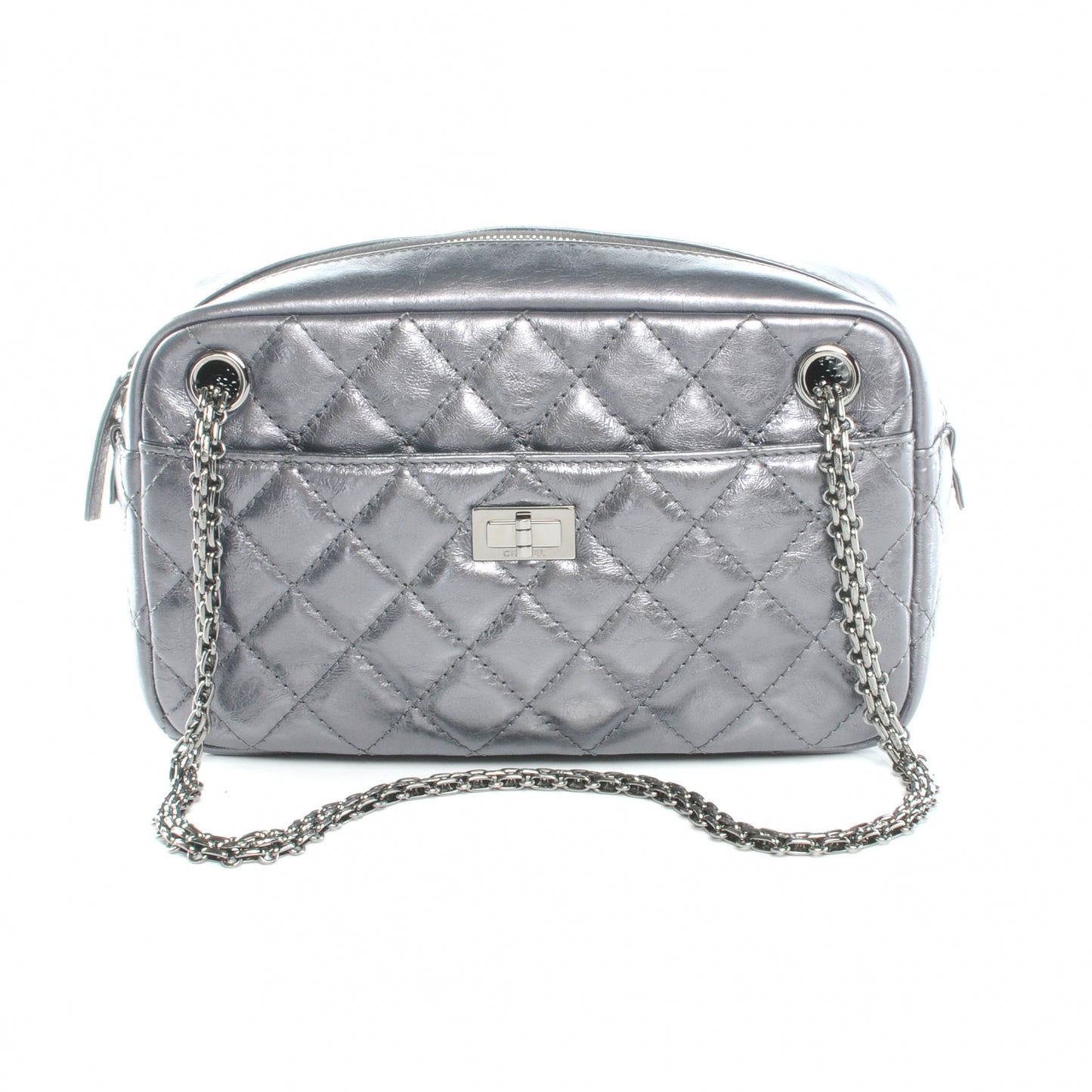 Metallic Aged Calfskin Quilted Medium Reissue Camera Case Dark Silver