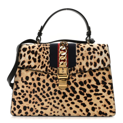 Gucci Calf Hair Leopard Print Medium Sylvie Top Handle Bag Naturale Black 1 of 10