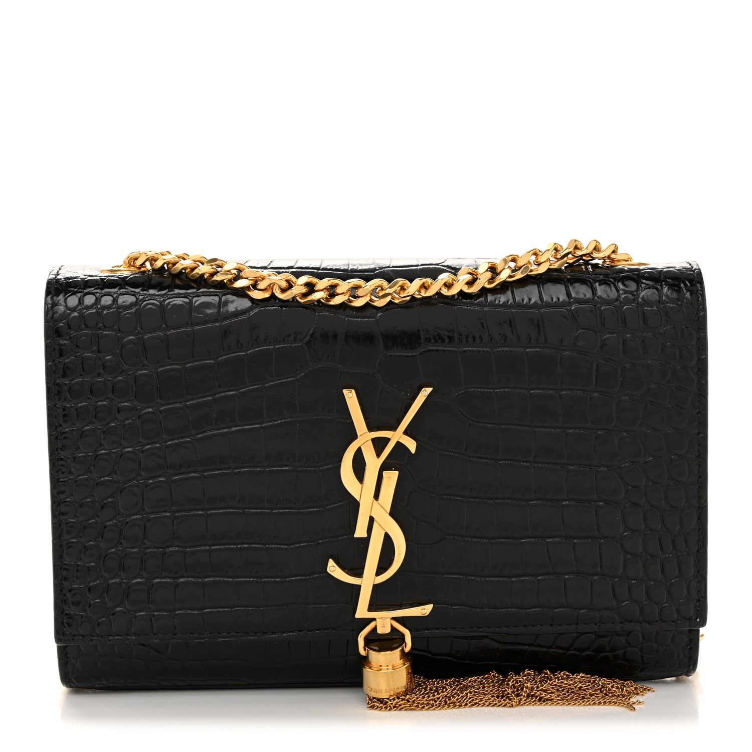 Saint Laurent Calfskin Crocodile Embossed Small Classic Monogram Kate Tassel Satchel Black 1 of 12