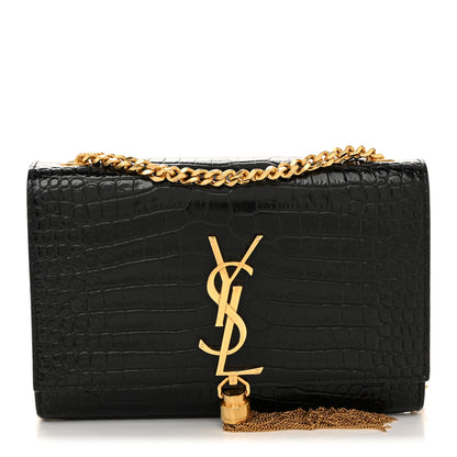 Saint Laurent Calfskin Crocodile Embossed Small Classic Monogram Kate Tassel Satchel Black 1 of 12