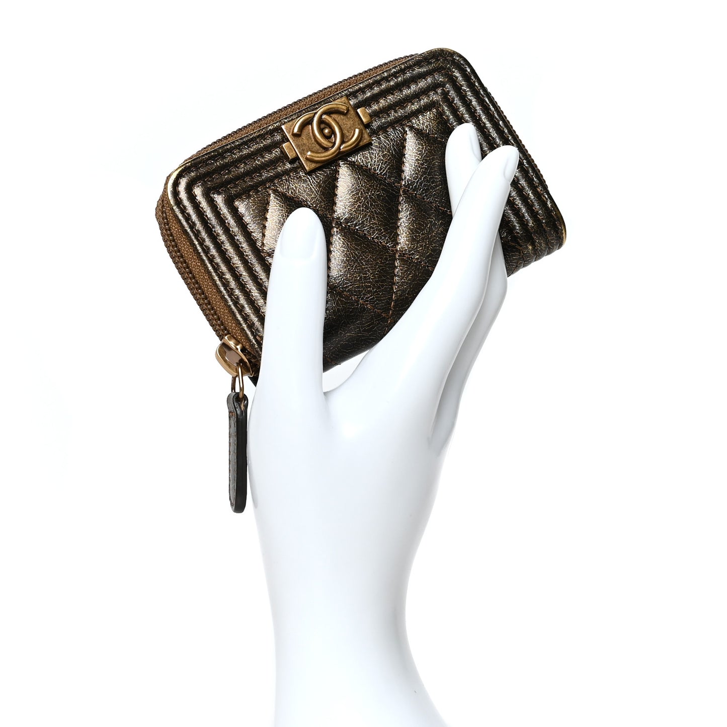 Cracked Metallic Calfskin Quilted Boy Zip Around Coin Purse Wallet Gold