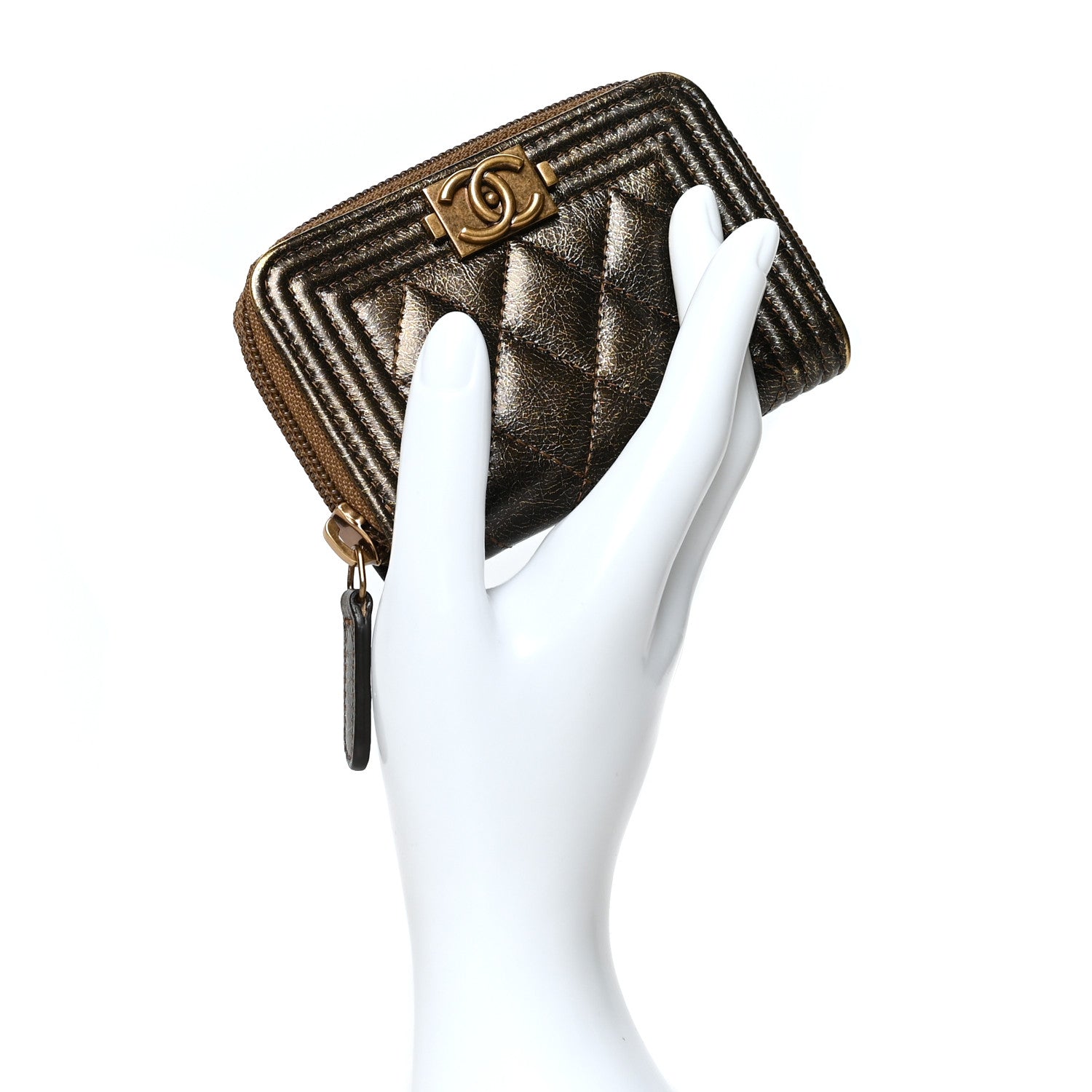 Chanel Cracked Metallic Calfskin Quilted Boy Zip Around Coin Purse Wallet Gold 2 of 8