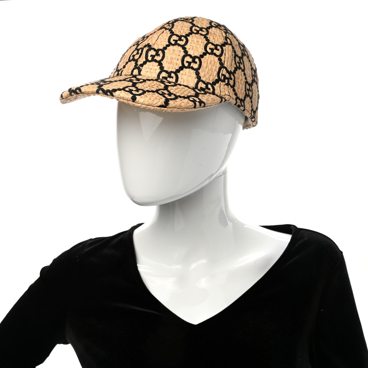 Raffia GG Monogram Elaphe Embroidered Aisha Baseball Hat M Ivory Black