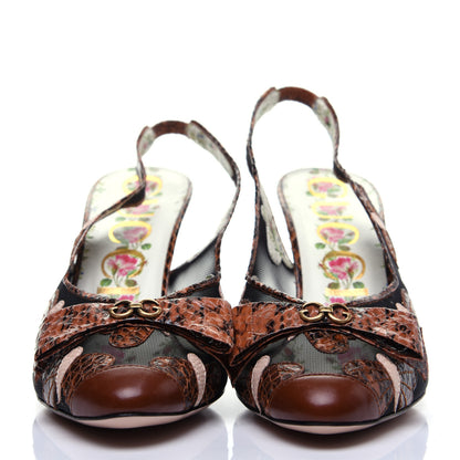 Gucci Malaga Kid Elaphe Lizard Butterflies Mid-Heel Slingback Pumps 37.5 Bright Cuir Black Soft Pink 2 of 13