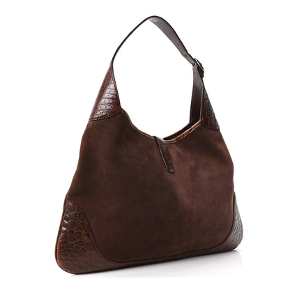 Gucci Crocodile Suede Beaded Floral Jackie Hobo Bag Brown 3 of 10