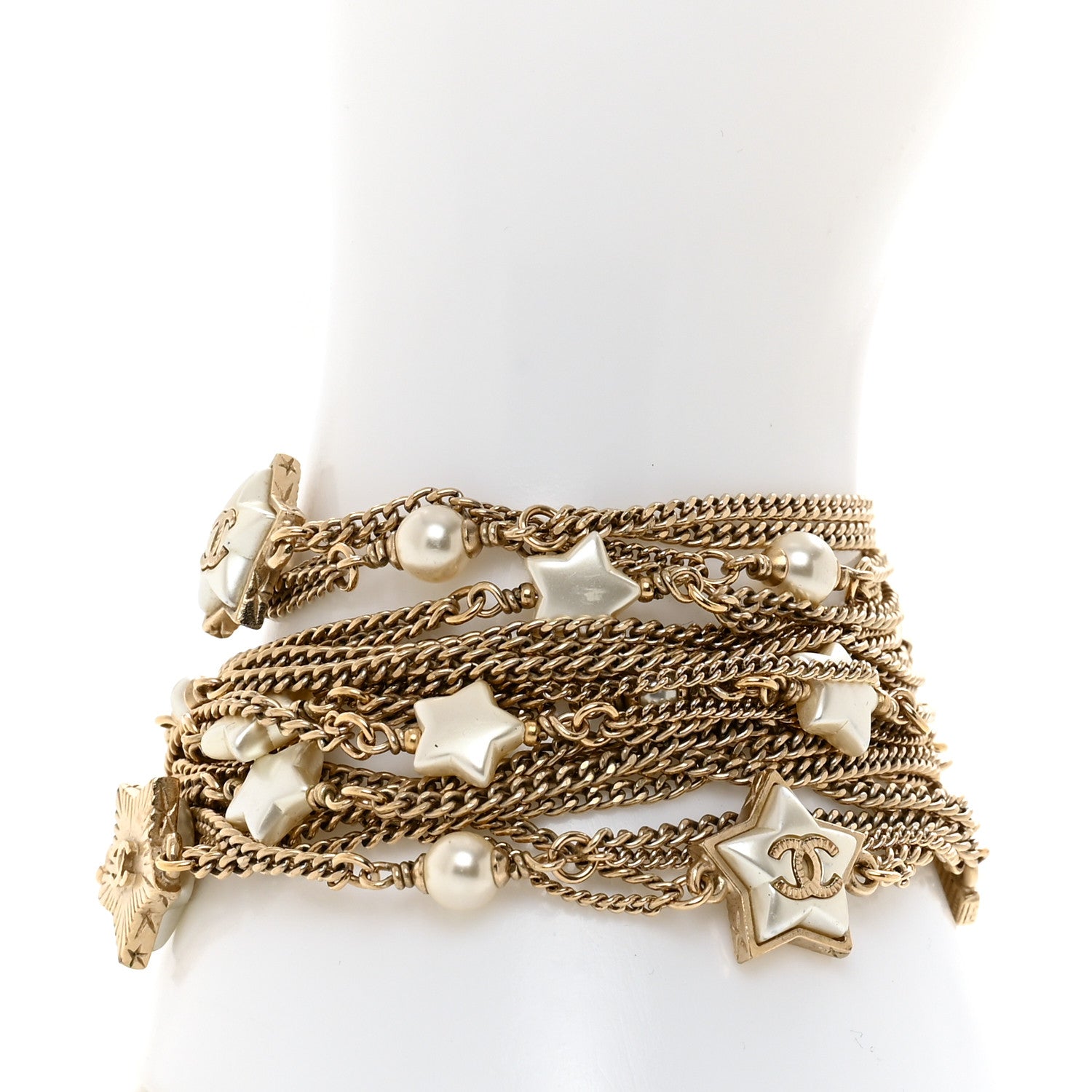 Chanel Metal Resin Pearl Multistrand Chain CC Bracelet Gold 5 of 5
