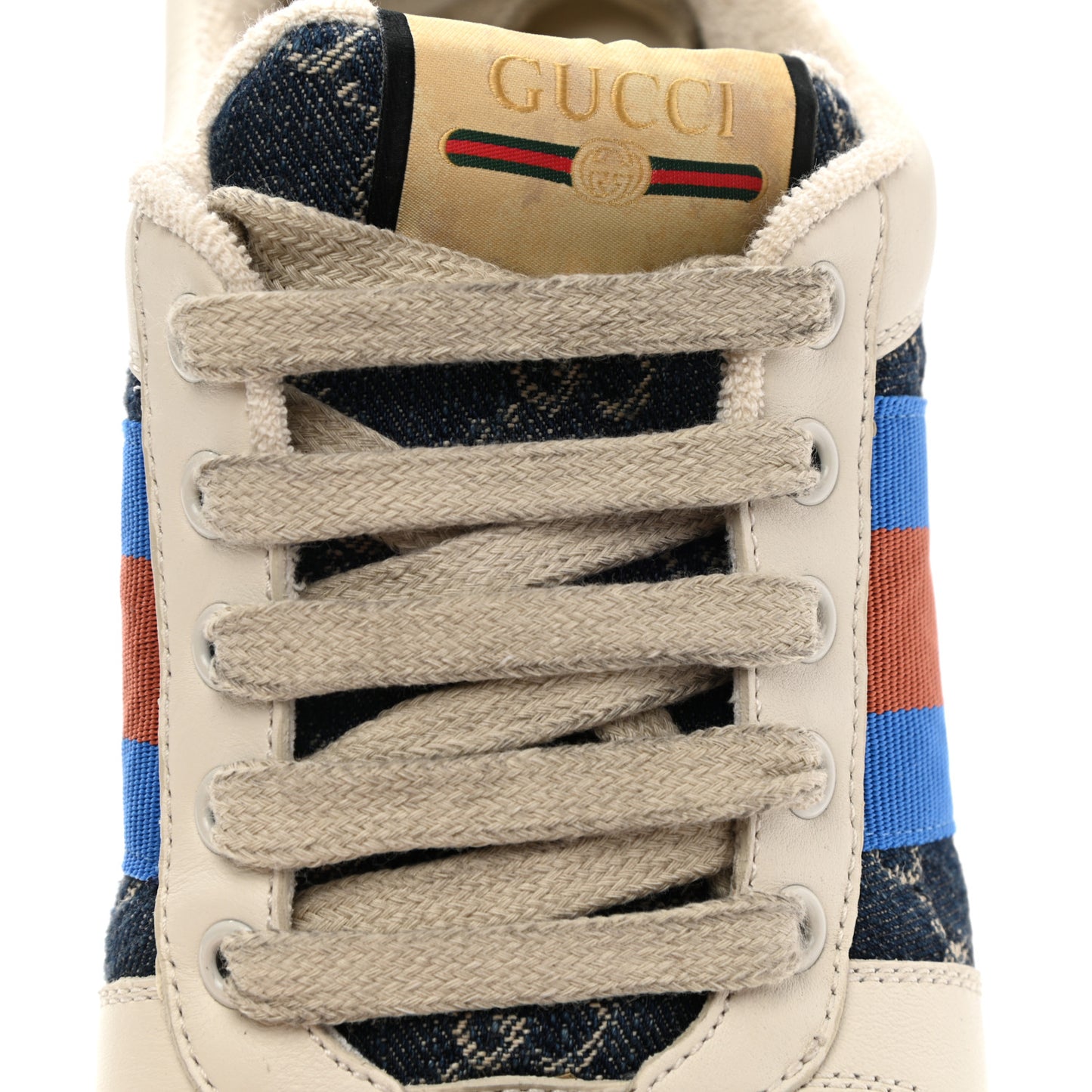 Denim GG Monogram Calfskin Web Mens Screener Sneakers 5 Blue Tea New Mystic White