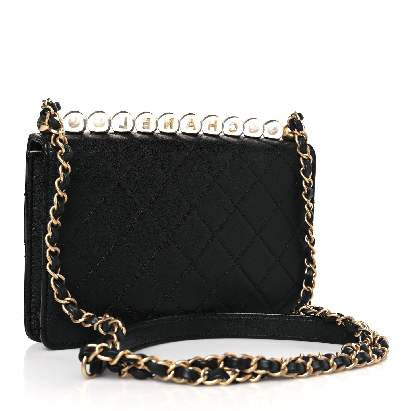Goatskin Quilted Logo Small Chic Flap Black
