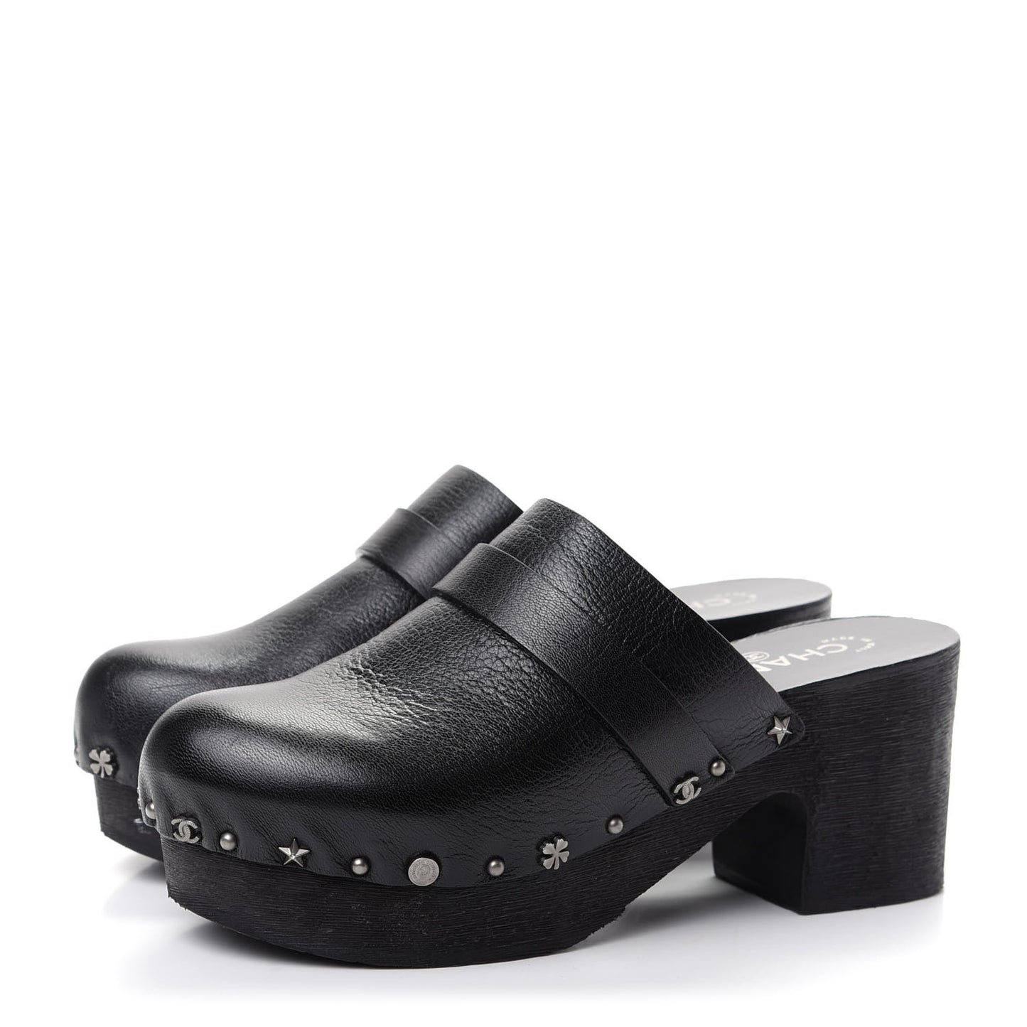 Calfskin CC Lucky Charms Studded Clogs 40 Black