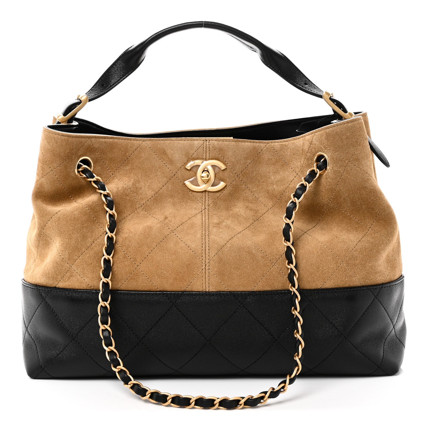 Chanel Suede Calfskin Shiny Lambskin Quilted Small Coco Base Shopping Bag Beige Black 1 of 11