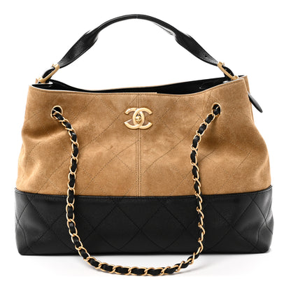 Chanel Suede Calfskin Shiny Lambskin Quilted Small Coco Base Shopping Bag Beige Black 1 of 11