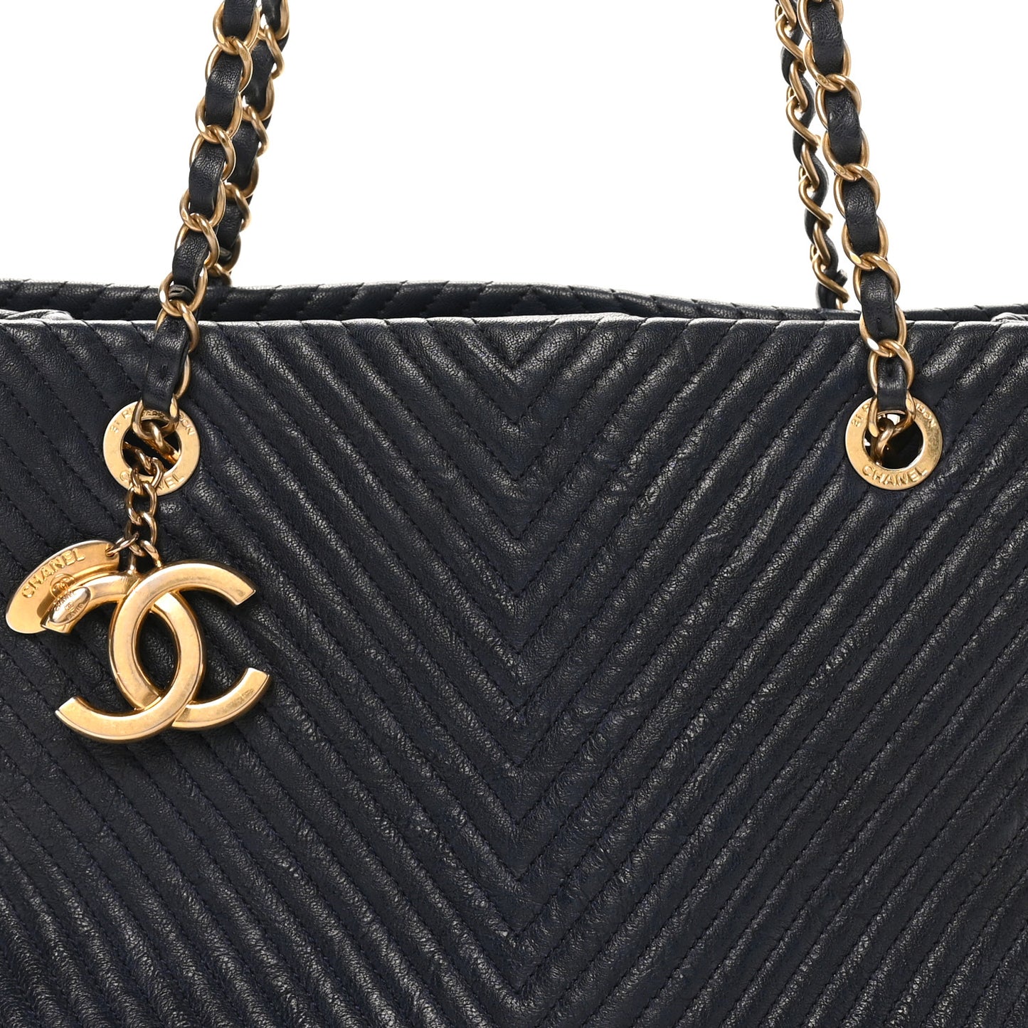 Wrinkled Lambskin Chevron Quilted Surpique Tote Navy Blue