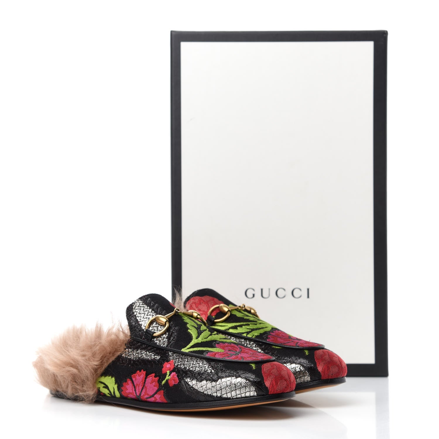 Gucci Brocade Fur Floral Womens Princetown Slippers 35.5 Black Anthracite 8 of 8