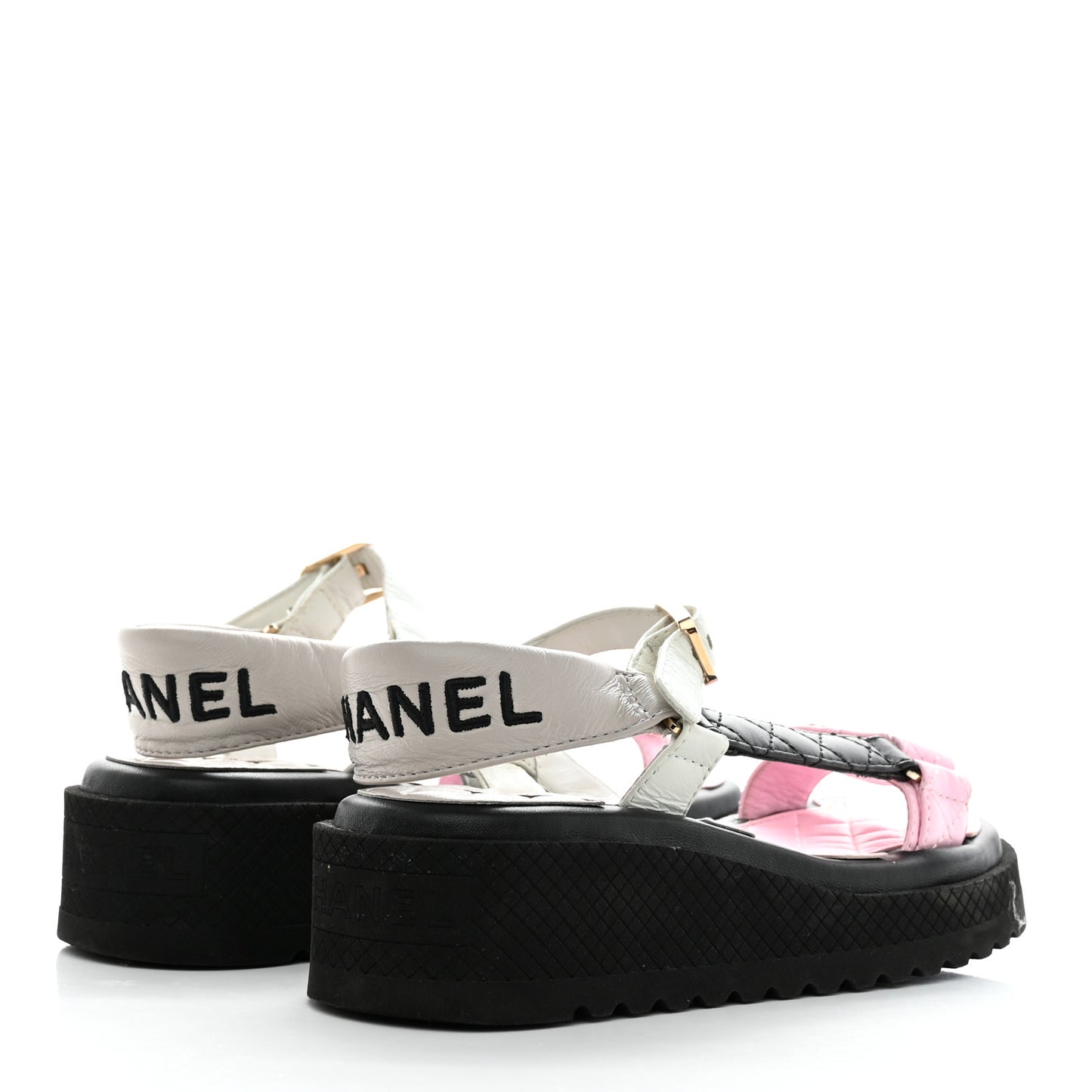 Lambskin Quilted CC Logo Platform Sandals 35 Black White Pink