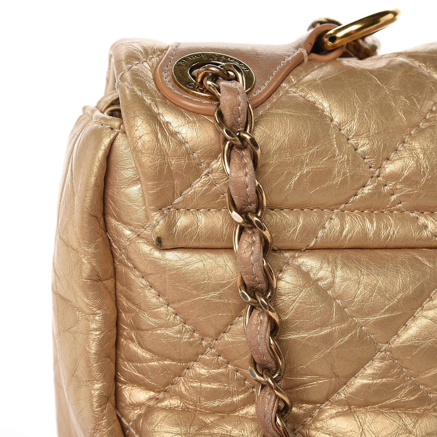 Metallic Aged Calfskin Quilted Small Pondichery Flap Gold