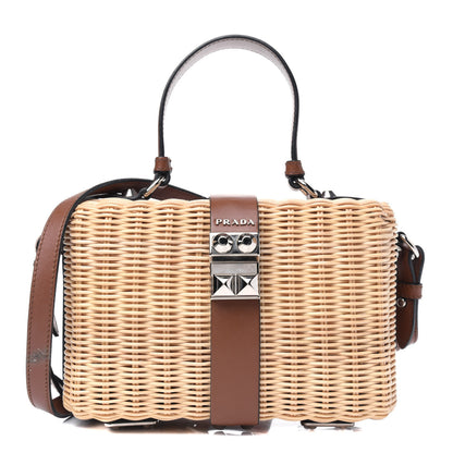 Prada City Calfskin Wicker Elektra Satchel Beige Cognac 1 of 4