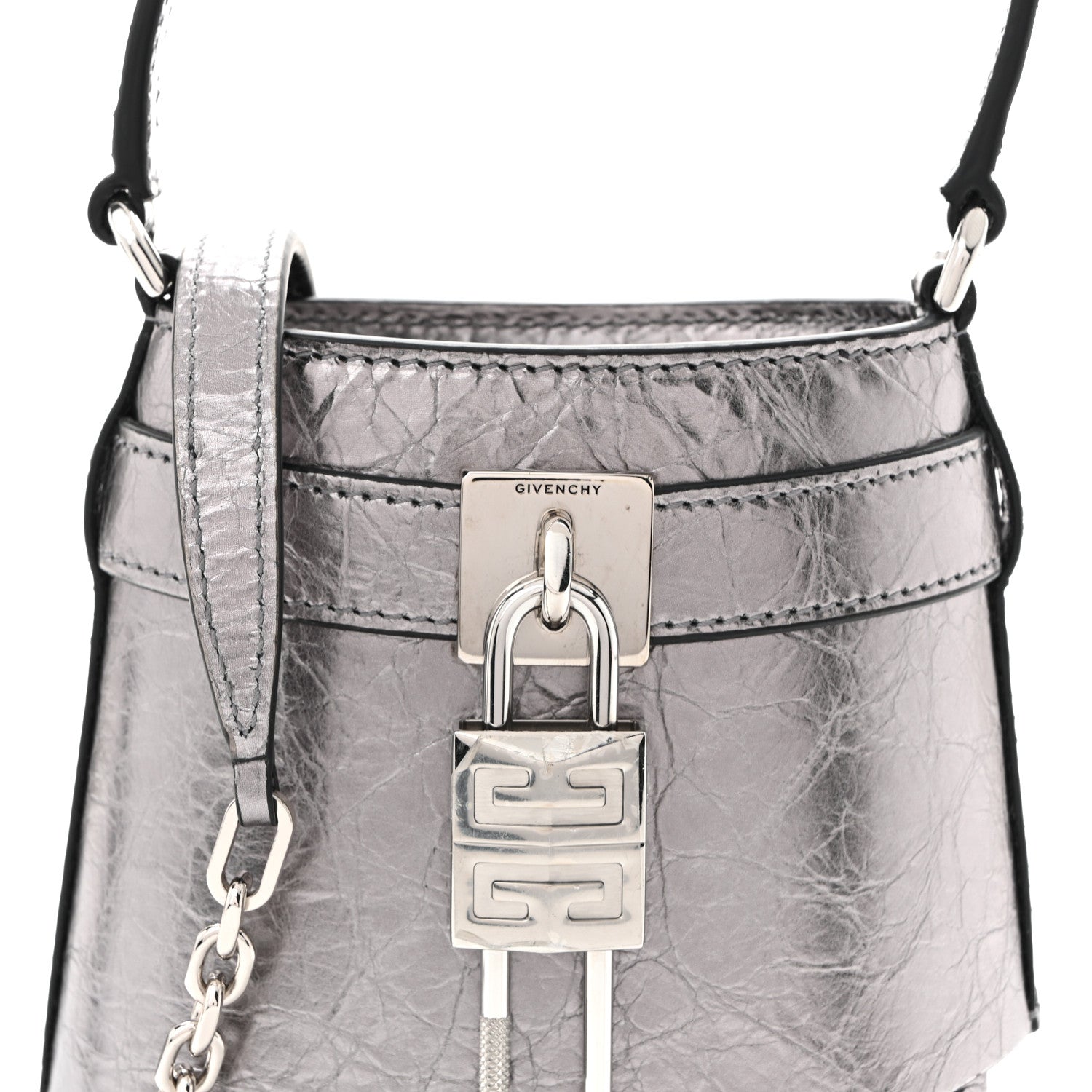 Givenchy Laminated Lambskin Micro Shark Lock Bucket Bag Silvery