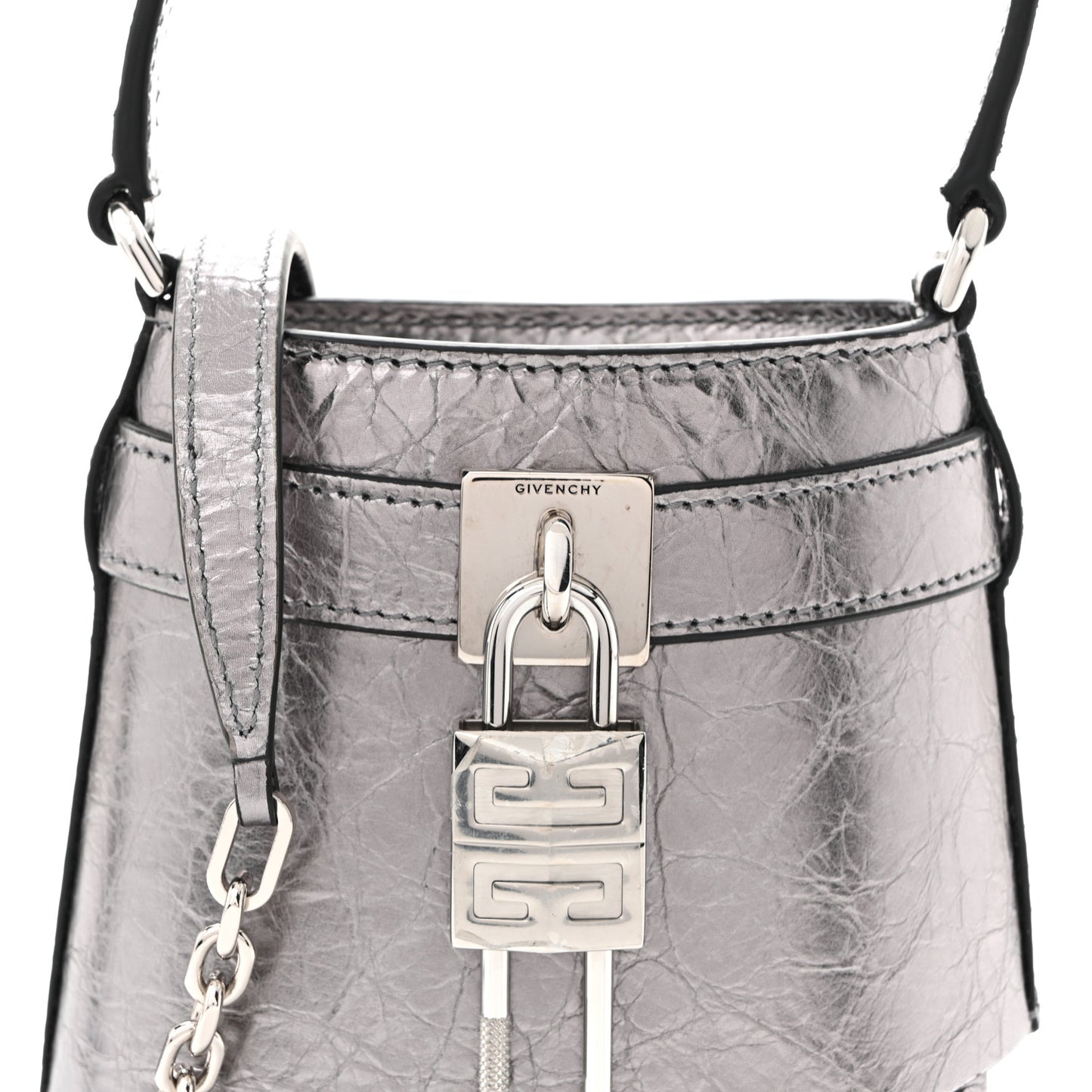 Laminated Lambskin Micro Shark Lock Bucket Bag Silvery Grey