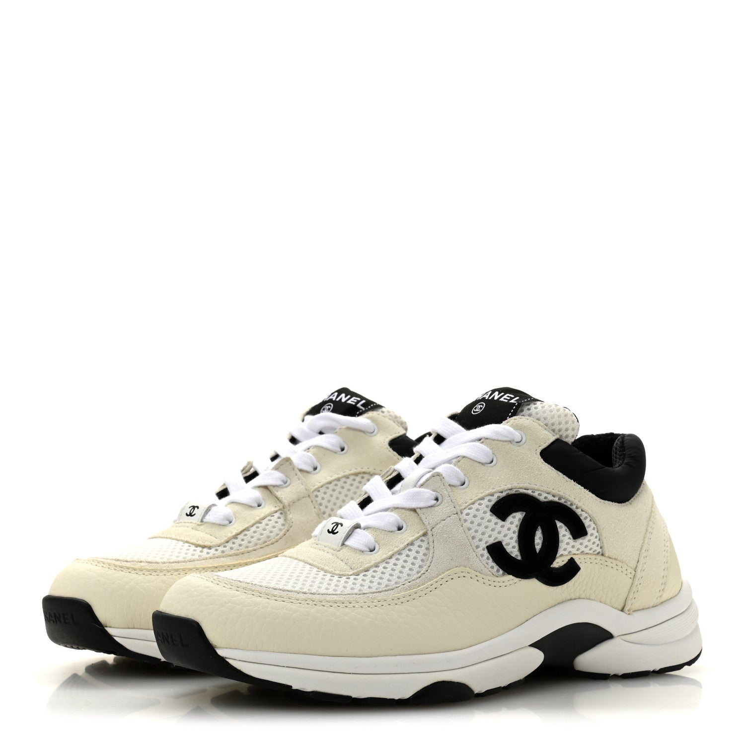 Chanel Mesh Suede Calfskin Grained Calfskin Womens CC Sneakers 38.5 White Black 4 of 10