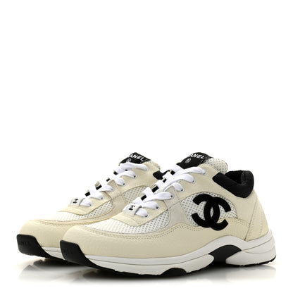 Chanel Mesh Suede Calfskin Grained Calfskin Womens CC Sneakers 38.5 White Black 4 of 10