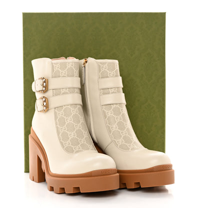 Gucci Kensington Calfskin Nappa GG Supreme Monogram Womens Double Buckle Ankle Boots 41.5 Mystic White Beige 17 of 17