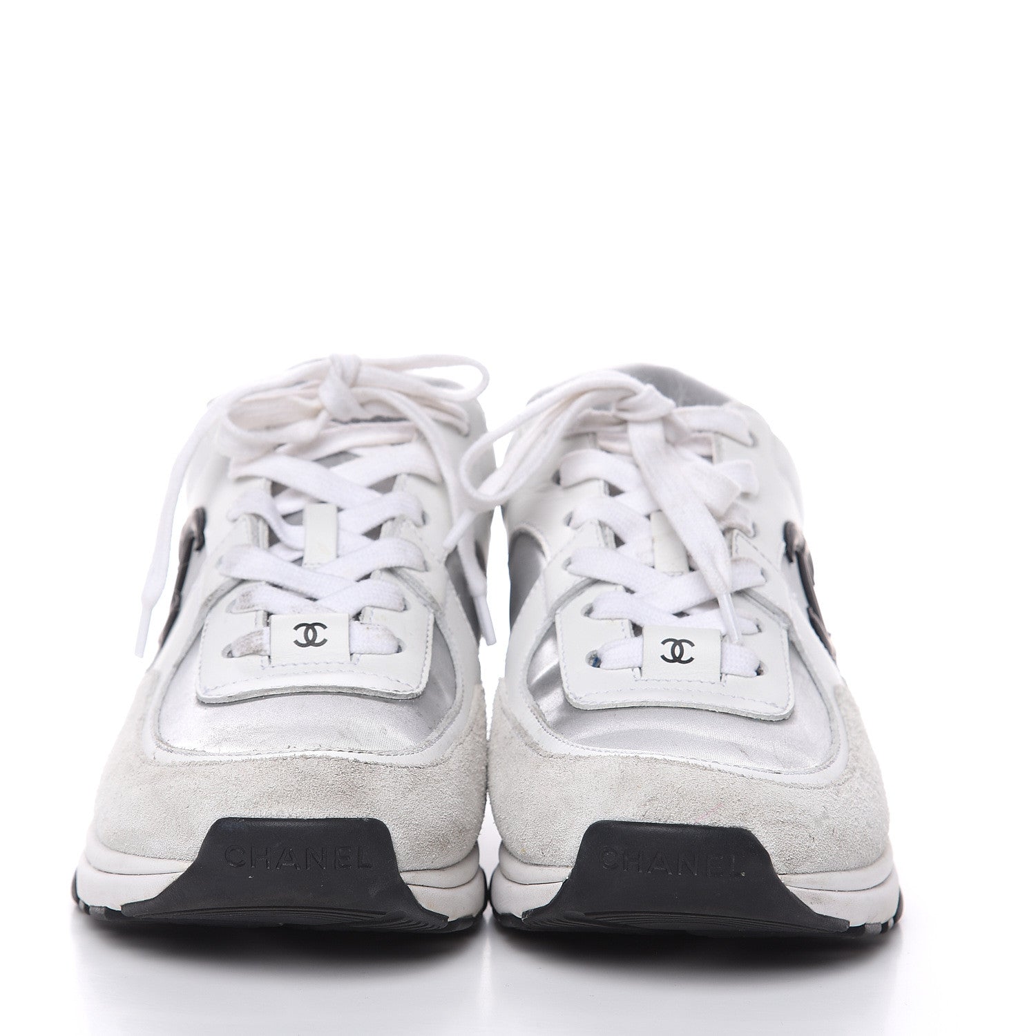 Chanel Suede Calfskin Womens CC Sneakers 37 White Silver Blue 2 of 12