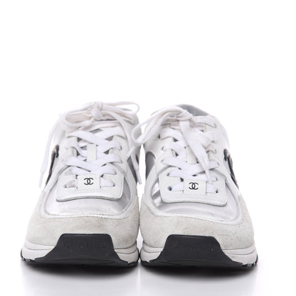 Chanel Suede Calfskin Womens CC Sneakers 37 White Silver Blue 2 of 12