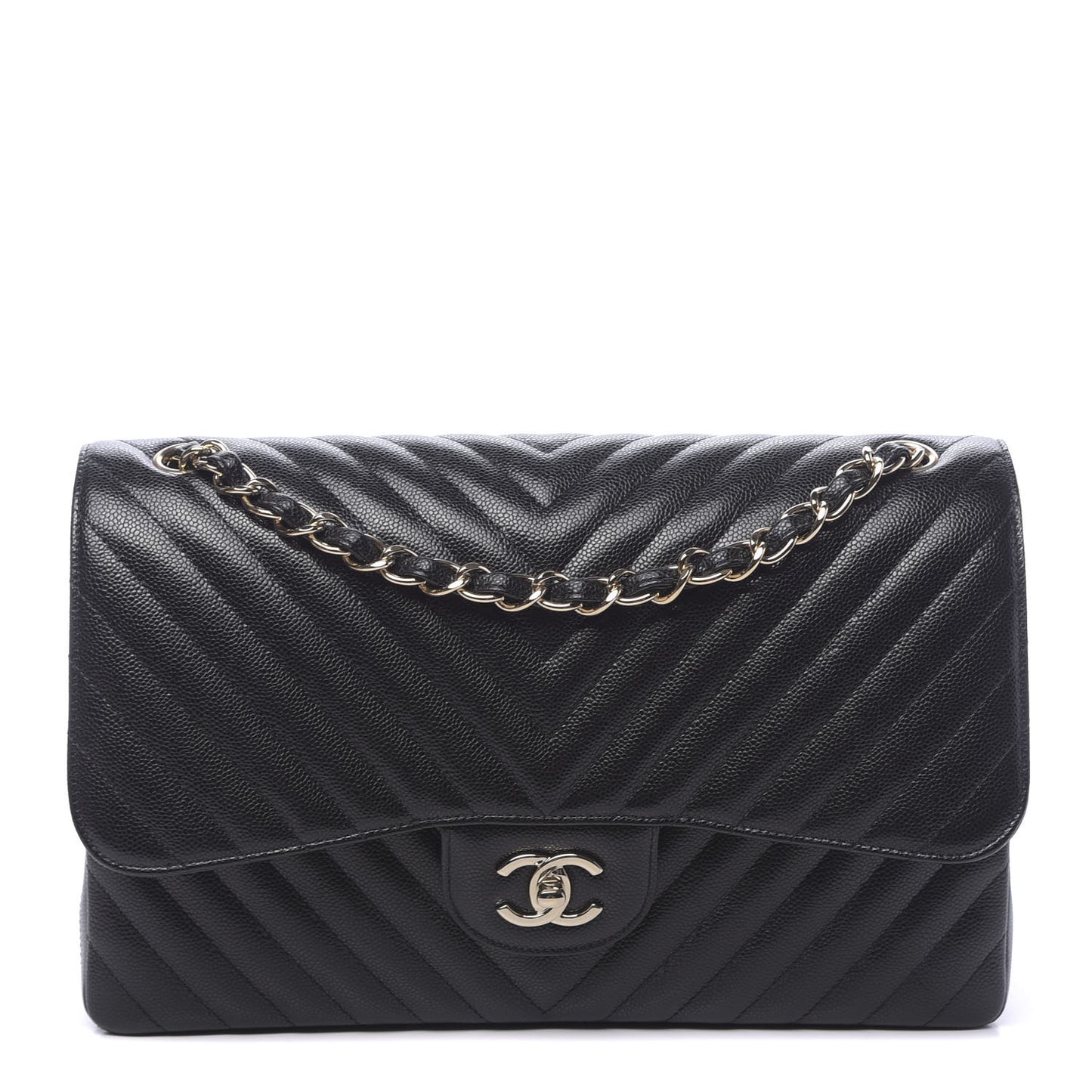 Caviar Chevron Quilted Jumbo Double Flap Black