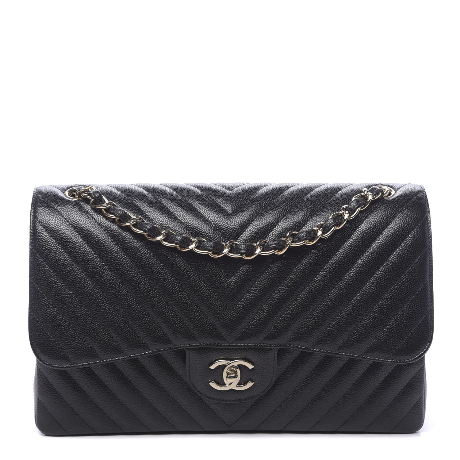 Chanel Caviar Chevron Quilted Jumbo Double Flap Black 1 of 10