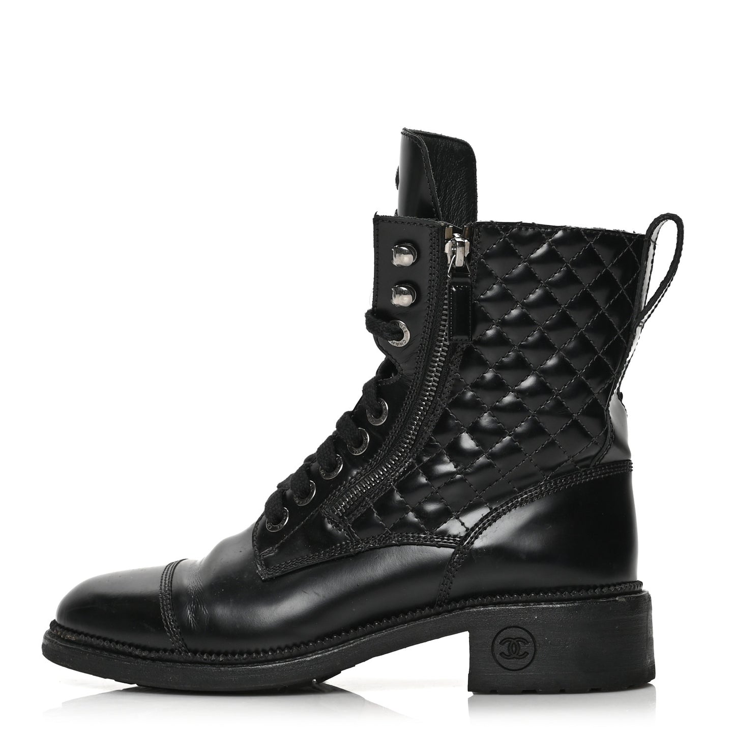 Calfskin Quilted Lace Up Combat Boots 38.5 Black