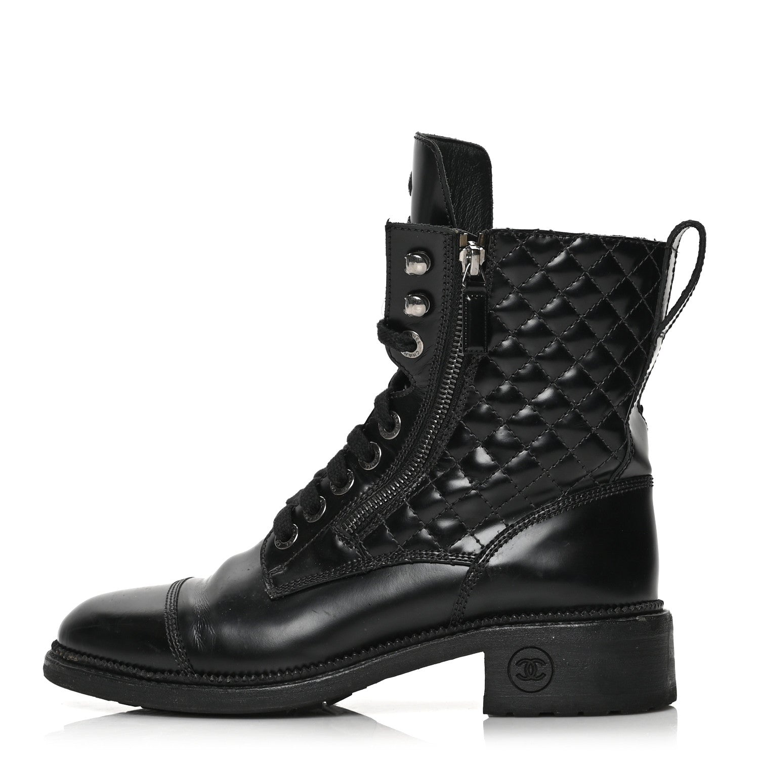 Chanel Calfskin Quilted Lace Up Combat Boots 38.5 Black 1 of 11