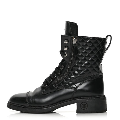 Chanel Calfskin Quilted Lace Up Combat Boots 38.5 Black 1 of 11
