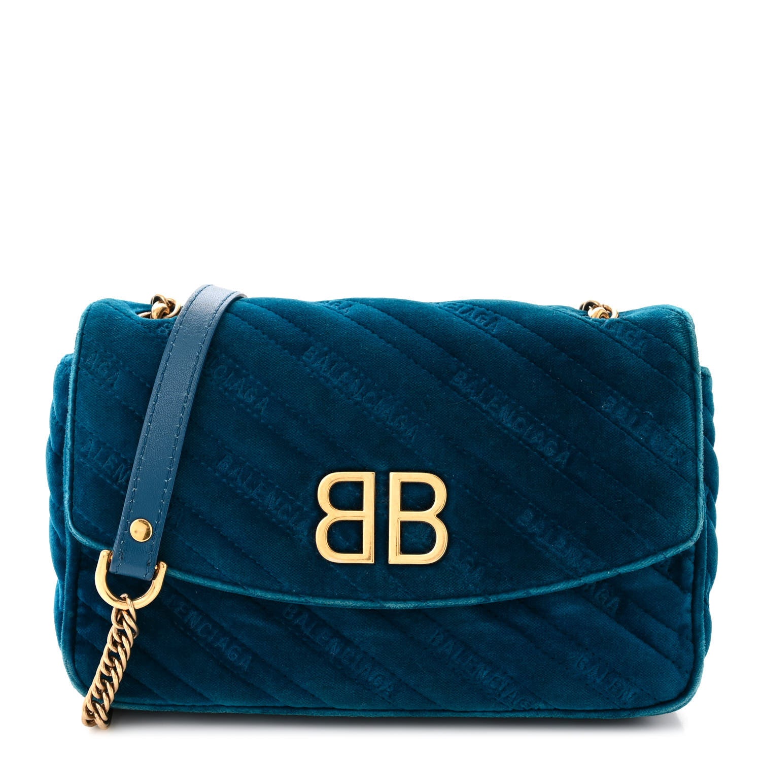 Balenciaga Velvet Logo Matelasse BB Chain Wallet Teal Blue 1 of 14