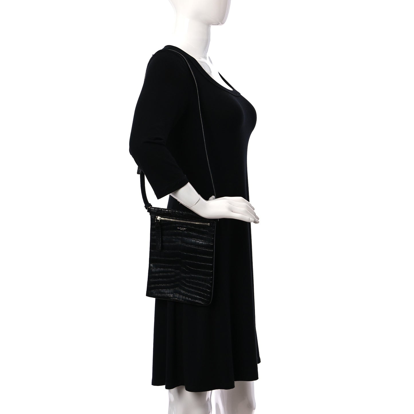 Calfskin Crocodile Embossed Sid Flat Crossbody Black