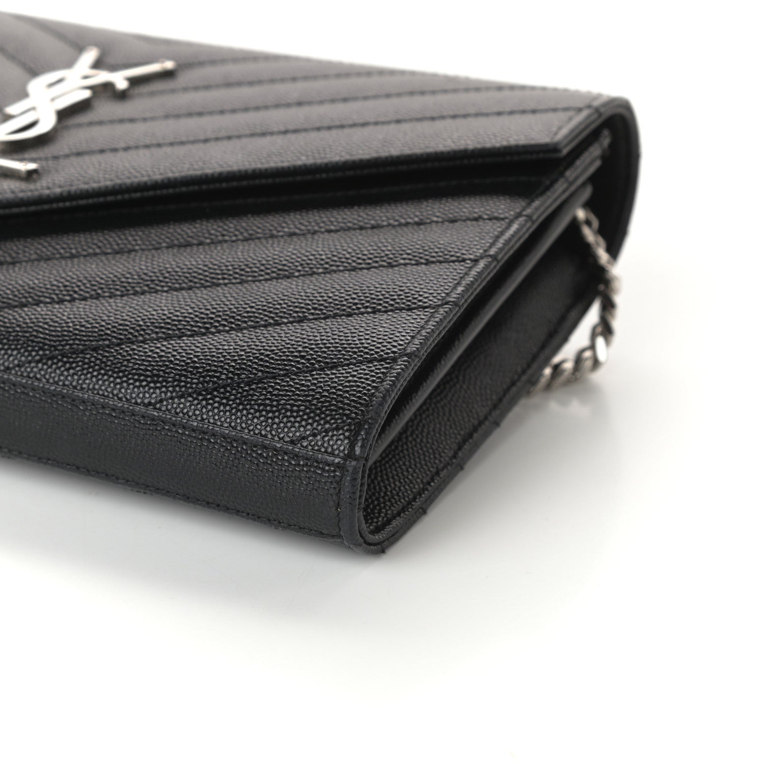 Saint Laurent Grain De Poudre Matelasse Chevron Monogram Chain Wallet Black 9 of 10