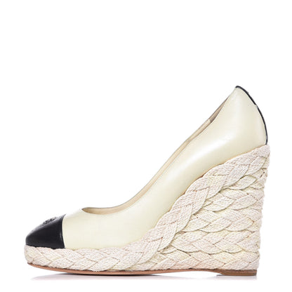 Chanel Lambskin Cap Toe Espadrille Wedge Pumps 40 Beige Black 1 of 20