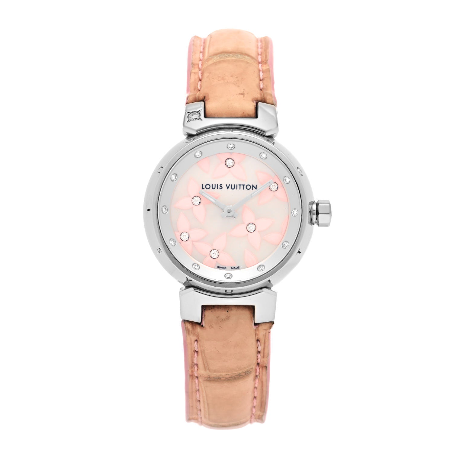 Louis Vuitton Stainless Steel Alligator Diamond Mother of Pearl 28mm Tambour Lovely Quartz Watch 1 of 4