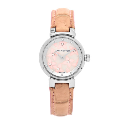 Louis Vuitton Stainless Steel Alligator Diamond Mother of Pearl 28mm Tambour Lovely Quartz Watch 1 of 4