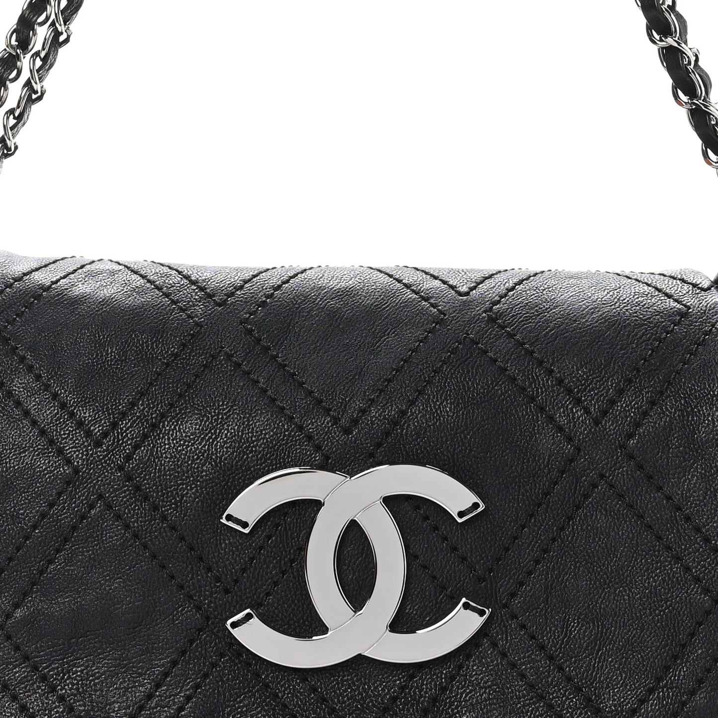 Calfskin Diamond Stitch Accordion Flap Black