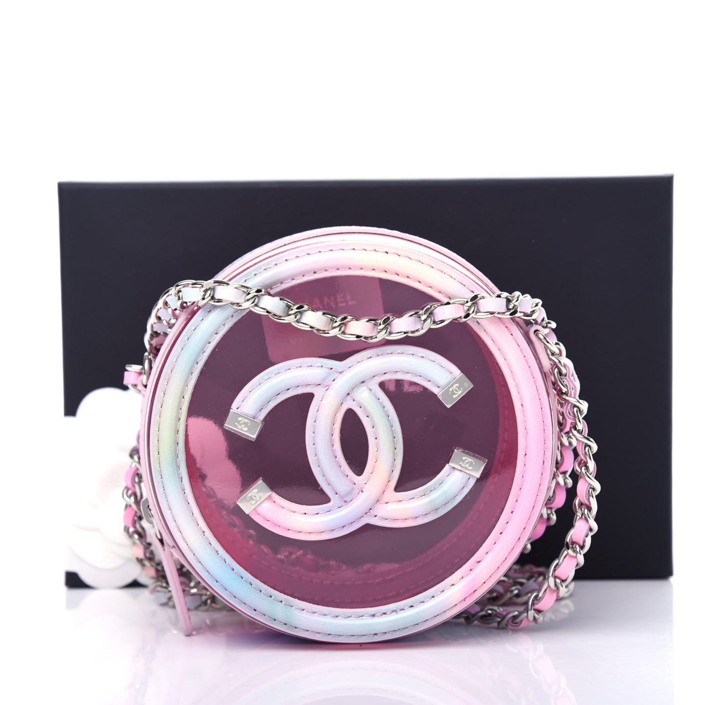 PVC Lambskin Filigree Round Clutch With Chain Pink