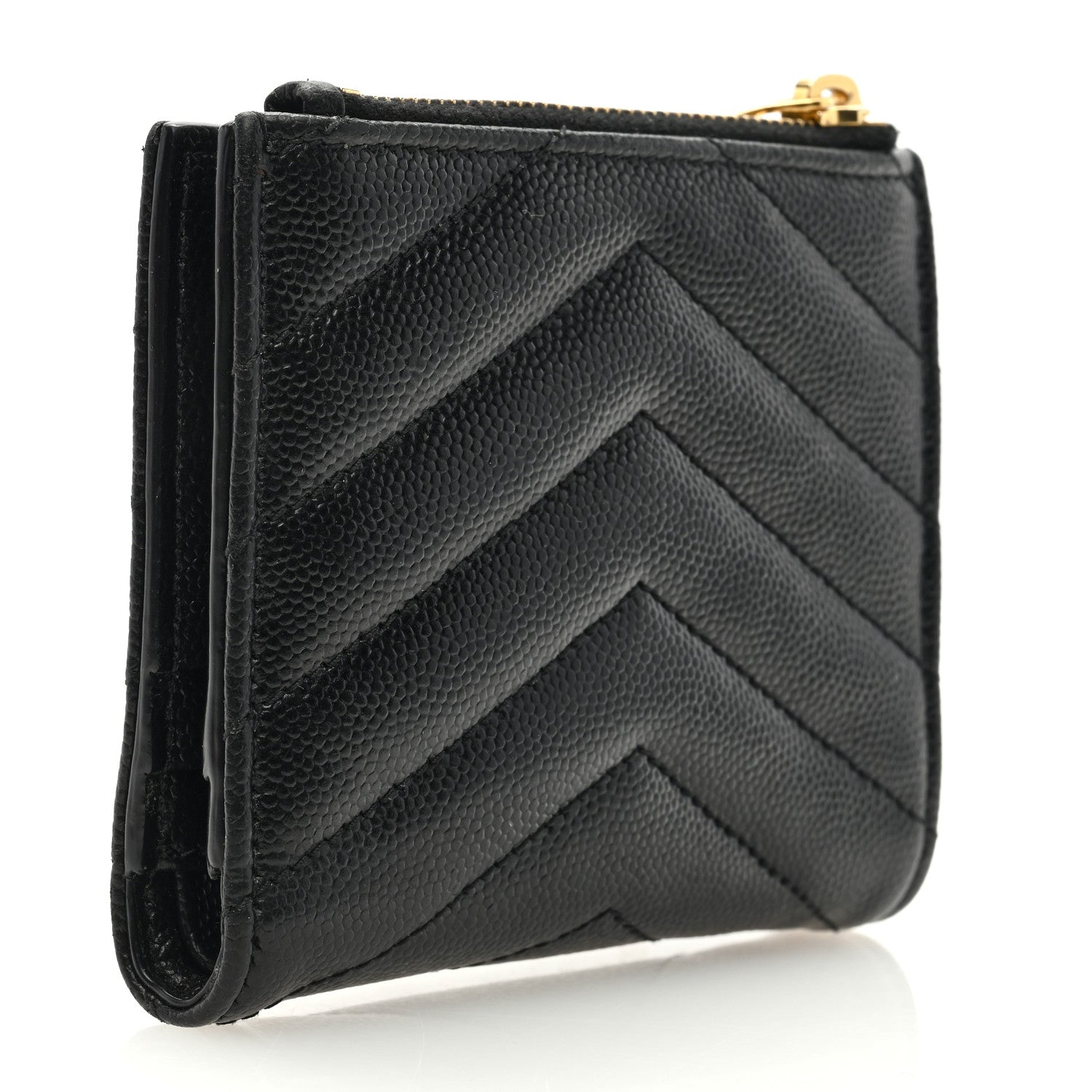 Saint Laurent Grain De Poudre Matelasse Chevron Monogram Zipped Card Case Black 3 of 6