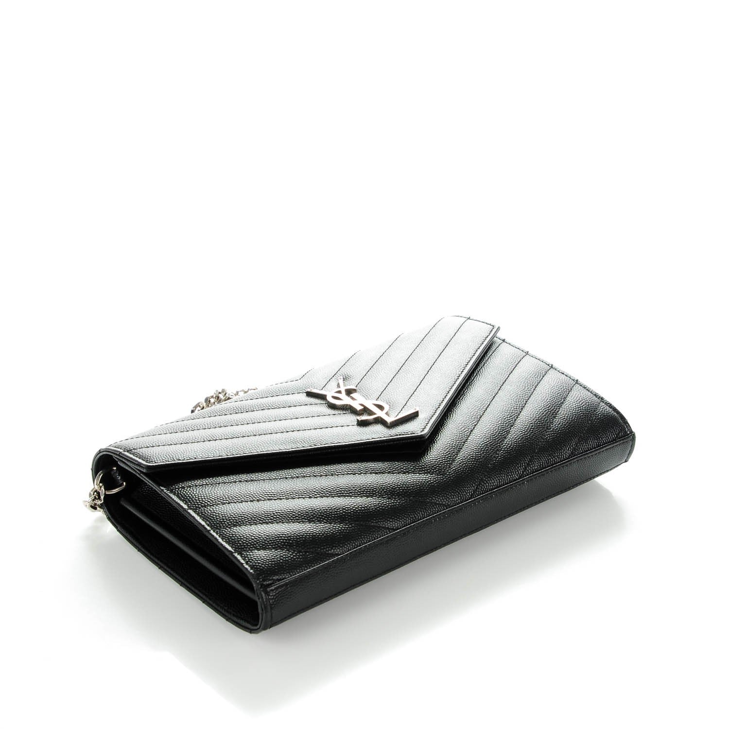 Saint Laurent Grain De Poudre Matelasse Chevron Monogram Chain Wallet Black 4 of 8