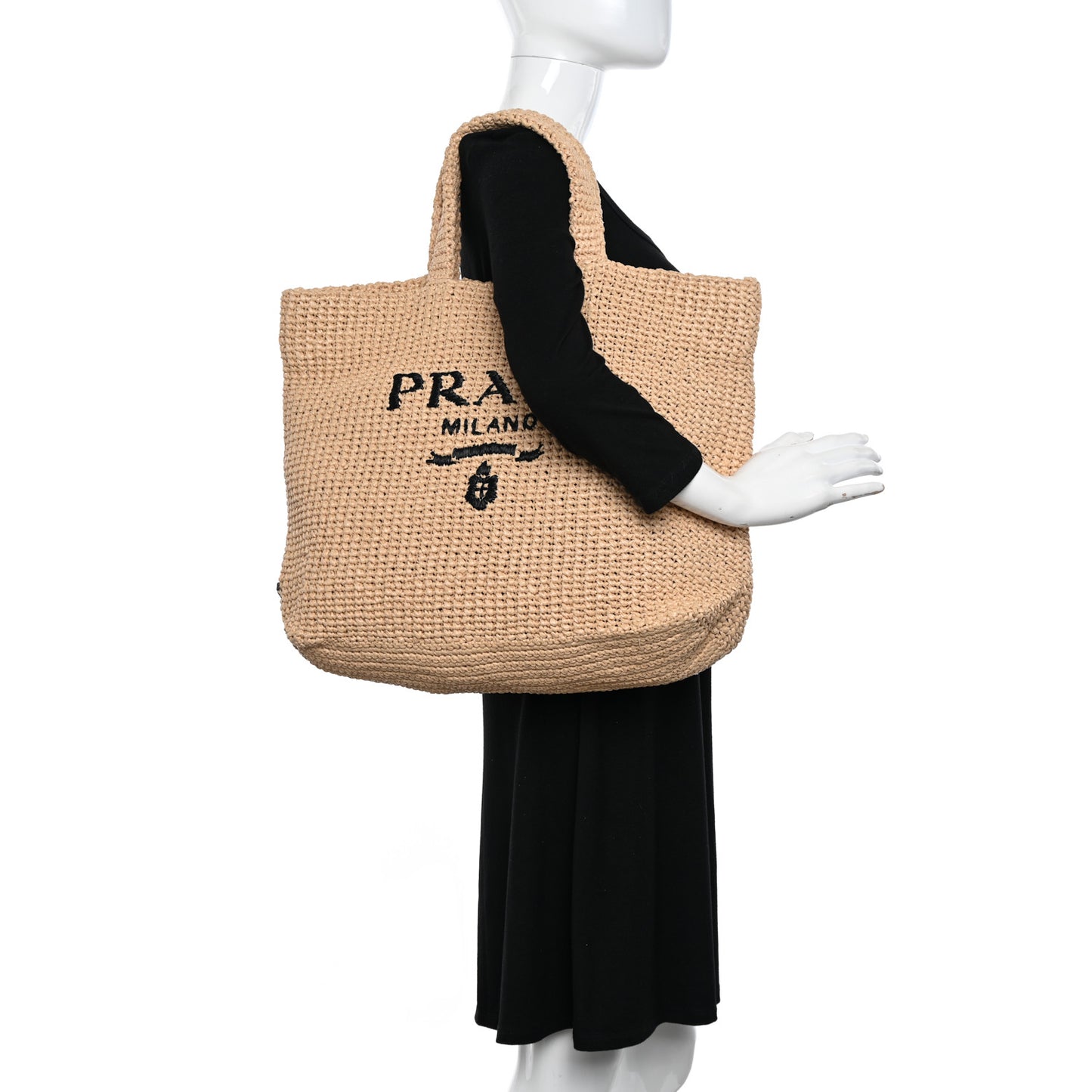 Yarn Raffia Effect Crochet Embroidered Logo Tote Naturale