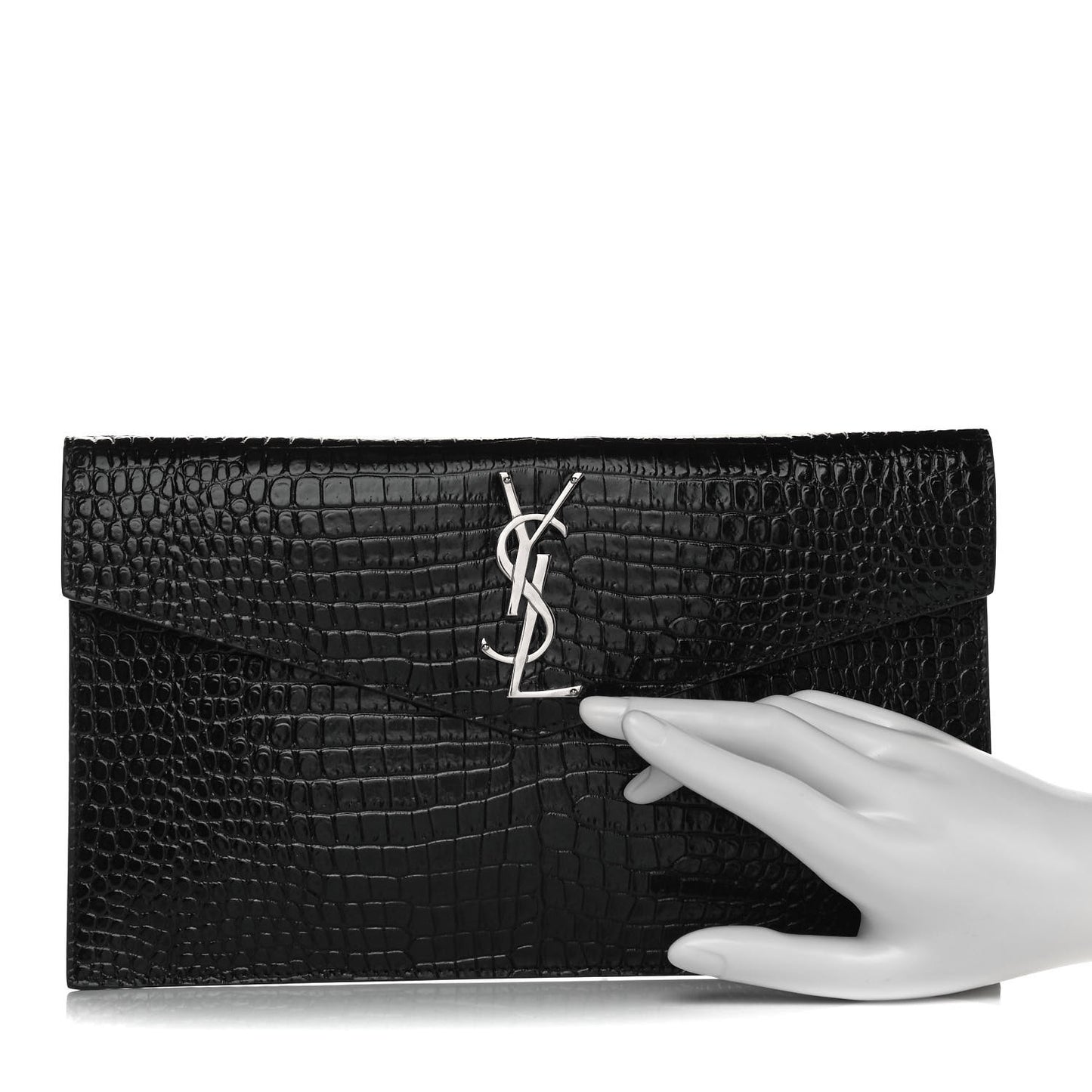 Calfskin Crocodile Embossed Uptown Monogram Clutch Black